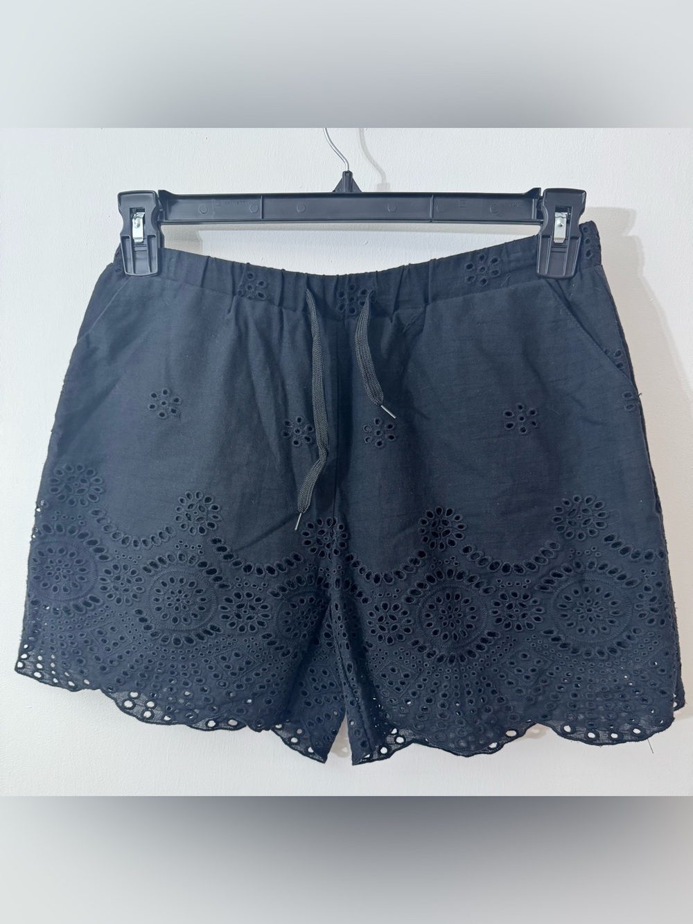 High-Waist Black Eyelet Lace-Trim Shorts